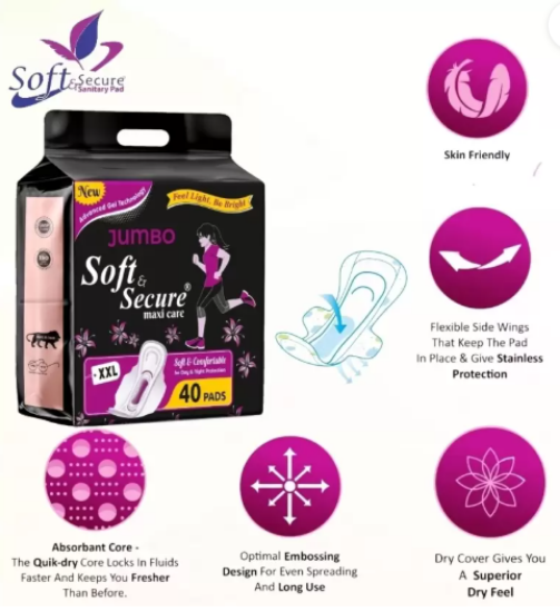 మృదువైన & సురక్షితమైన XXL డ్రై కంఫర్ట్ విత్ రాష్ ఫ్రీ శానిటరీ ప్యాడ్ శానిటరీ ప్యాడ్ (40 ప్యాక్) యొక్క చిత్రం