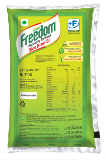 ఫ్రీడమ్ ఫిజికల్లీ రిఫైన్డ్ రైస్ బ్రాన్ ఆయిల్ పౌచ్ (1 లీ) యొక్క చిత్రం