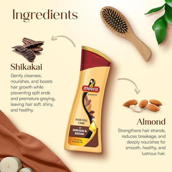మీరా హెయిర్ ఫాల్ కేర్ షాంపూ | బాదం & షికాకైతో సమృద్ధిగా | జుట్టును బలపరుస్తుంది & పోషిస్తుంది | పారాబెన్ లేని | పురుషులు & మహిళలకు | 180 మి.లీ | ఆరోగ్యకరమైన, బలమైన జుట్టు యొక్క చిత్రం