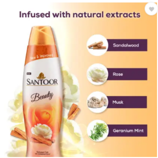 అన్ని రకాల చర్మాలకు శాండల్‌వుడ్ ఎక్స్‌ట్రాక్ట్‌లతో కూడిన సంతూర్ బ్యూటీ పెర్ఫ్యూమ్డ్ టాల్కమ్ పౌడర్ (400 గ్రా) యొక్క చిత్రం