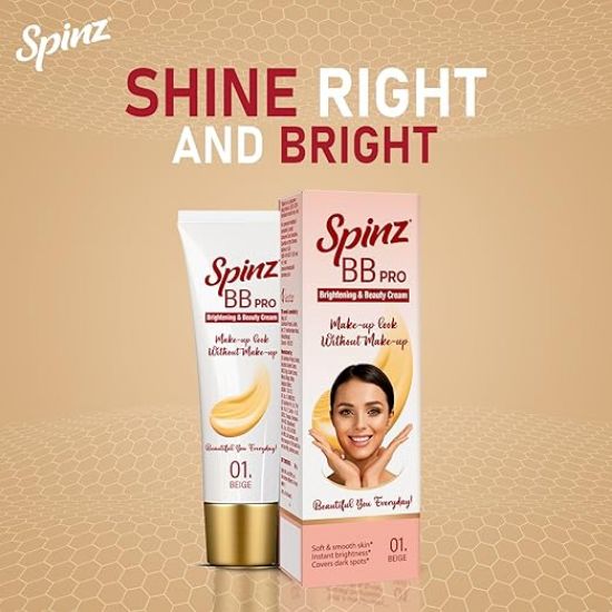SpinZ Bb ప్రో బ్రైటెనింగ్ & బ్యూటీ ఫుల్ కవరేజ్ రేడియంట్ ఫేస్ క్రీమ్ విత్ Spf 20 Pa++ (బీజ్ 01) ఆల్-ఇన్-వన్ డైలీ క్రీమ్ విత్ సిల్కీ స్మూత్ ఫార్ములా ఇన్‌స్టంట్ బ్రైట్‌నెస్, కవర్స్ డార్క్ స్పాట్స్ (29G) యొక్క చిత్రం