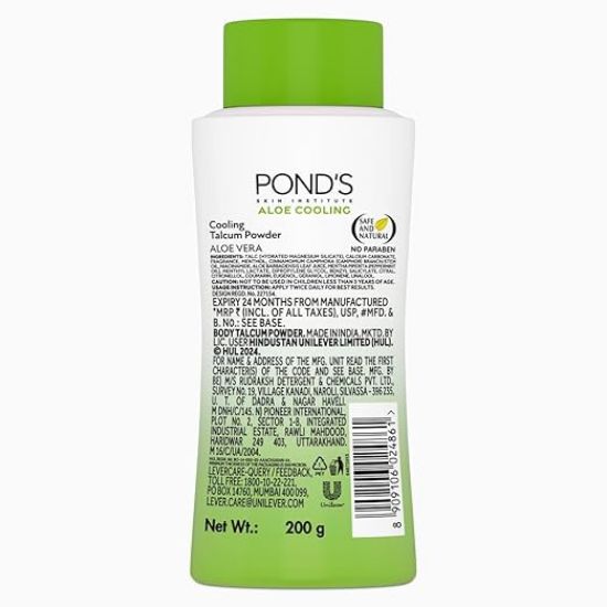 వేసవిలో తక్షణ శీతలీకరణ మరియు రిఫ్రెషింగ్ ఉపశమనం కోసం పాండ్స్ అలో కూలింగ్ పౌడర్, 200 గ్రా., 100% అలో ఎక్స్‌ట్రాక్ట్, 3X కూలింగ్ ఎఫెక్ట్, దీర్ఘకాలం ఉండే సువాసనతో. యొక్క చిత్రం