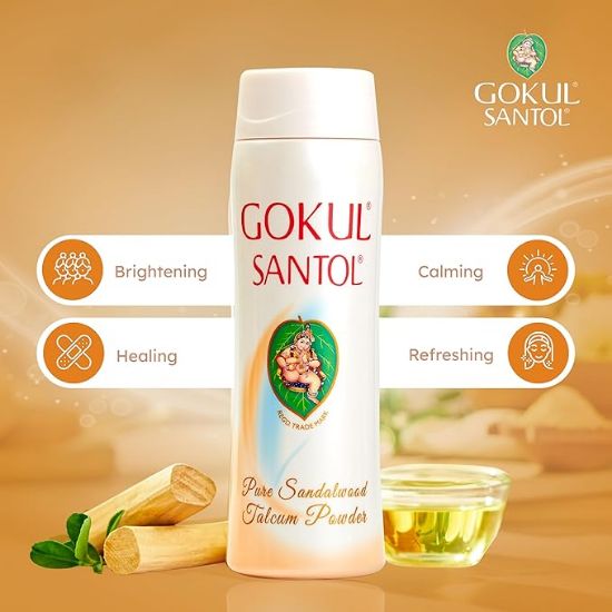 గోకుల్ శాంటోల్ ప్యూర్ శాండల్ వుడ్ టాల్కమ్ పౌడర్ | 300 గ్రా | దీర్ఘకాలం ఉండే ఓదార్పు సువాసన | సహజ చెమట & నూనె శోషణ | రిఫ్రెషింగ్ & హెల్తీ గ్లోయింగ్ కాంప్లెక్షన్ యొక్క చిత్రం