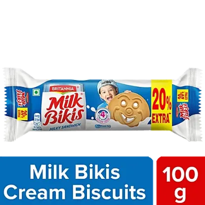 బ్రిటానియా మిల్క్ బికిస్ మిల్కీ శాండ్‌విచ్ బిస్కెట్లు, 100 గ్రా యొక్క చిత్రం