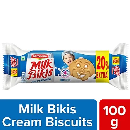 బ్రిటానియా మిల్క్ బికిస్ మిల్కీ శాండ్‌విచ్ బిస్కెట్లు, 100 గ్రా యొక్క చిత్రం