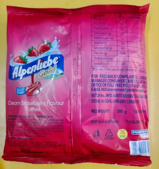 హార్డ్ క్యాండీ పింక్ ఆల్పెన్లీబ్ గోల్డ్ స్ట్రాబెర్రీ ఫ్లేవర్డ్ టోఫీ యొక్క చిత్రం