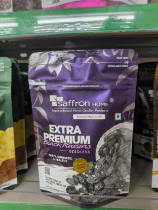 కుంకుమపువ్వు హోమ్ ఎక్స్‌ట్రా ప్రీమియం బ్లాక్ రైసిన్ సీడ్‌లెస్ - 200 గ్రా యొక్క చిత్రం