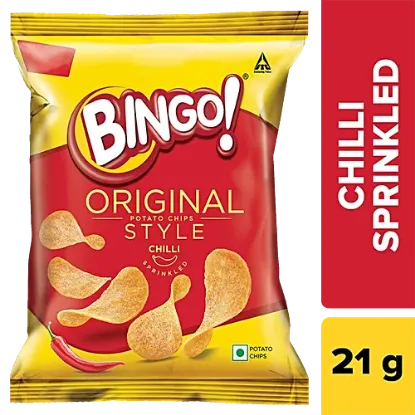 బింగో!బంగాళాదుంప చిప్స్ - ఒరిజినల్ స్టైల్, చిల్లీ స్ప్రింక్ల్డ్, 21 గ్రా యొక్క చిత్రం