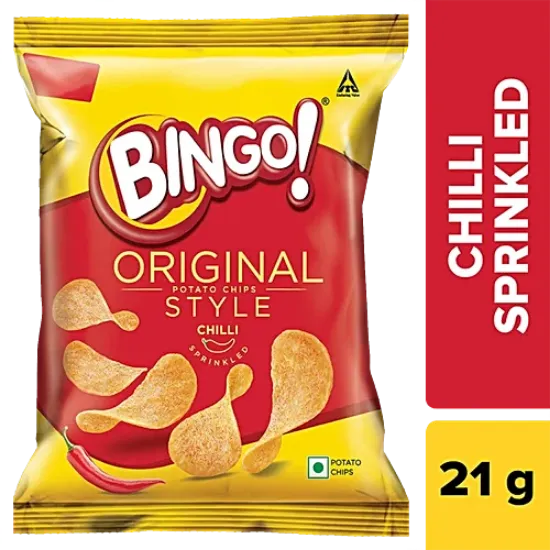 బింగో!బంగాళాదుంప చిప్స్ - ఒరిజినల్ స్టైల్, చిల్లీ స్ప్రింక్ల్డ్, 21 గ్రా యొక్క చిత్రం