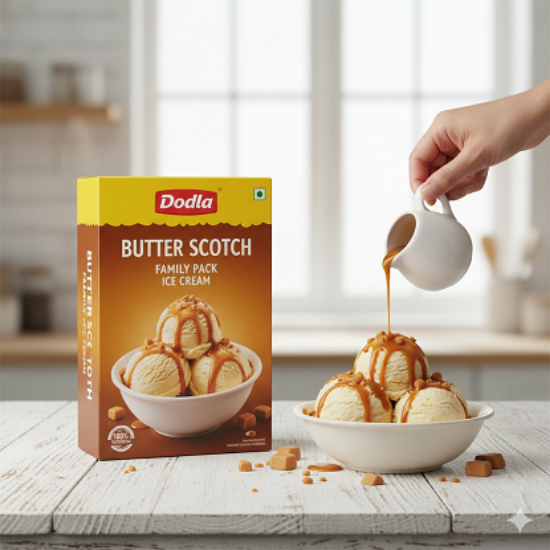 దోడ్లా బటర్‌స్కాచ్ ఐస్ క్రీం ఫ్యామిలీ ప్యాక్, 700 మి.లీ. యొక్క చిత్రం